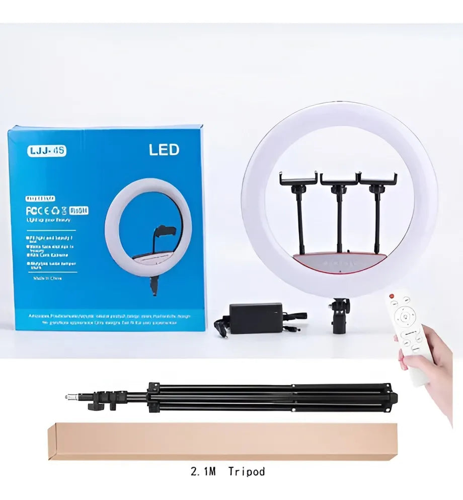 Aro de Luz Profesional 45 cm + Trípode 2.1 m | Luz Blanco Frío | Estructura Negra