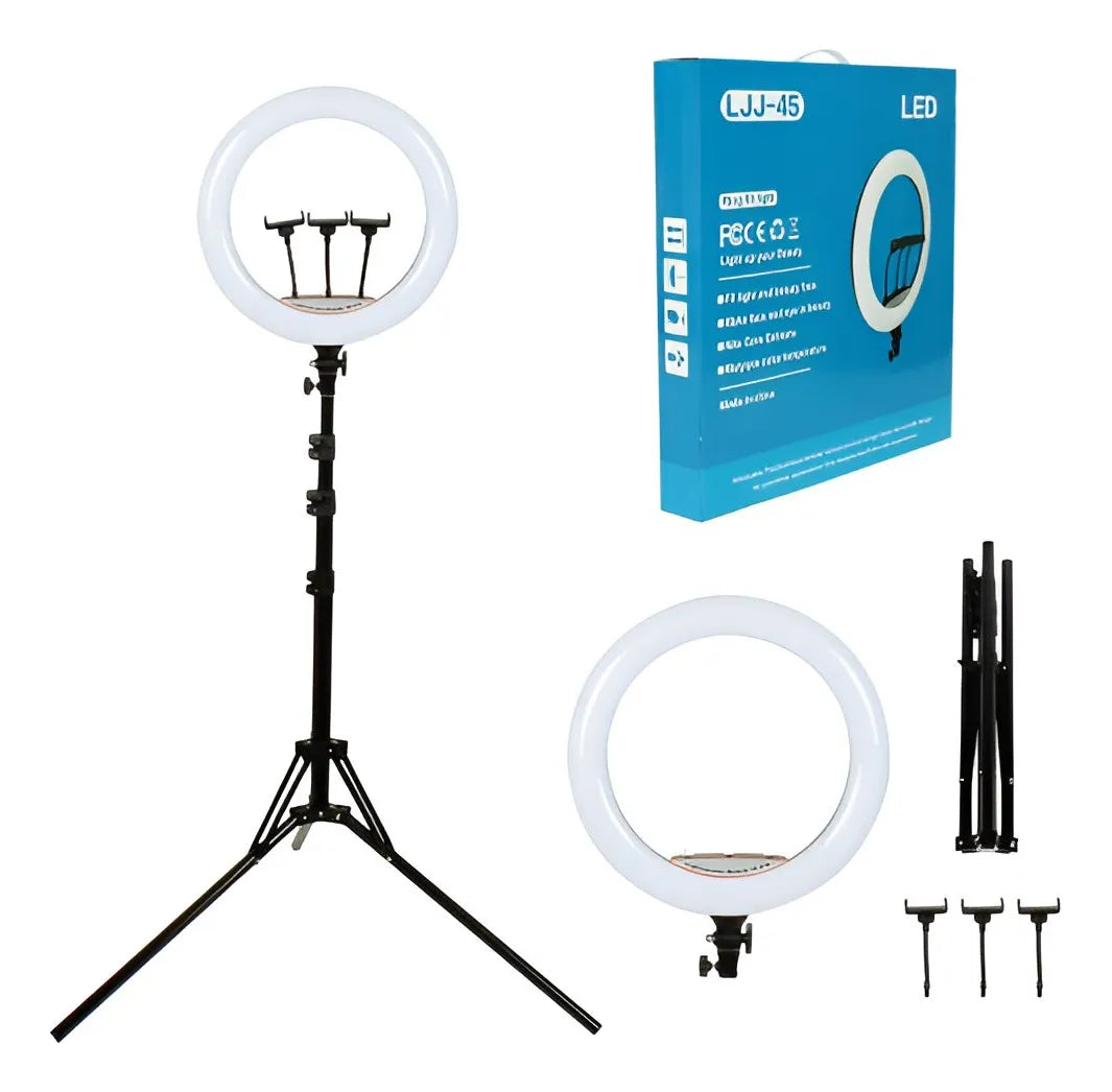 Aro de Luz Profesional 45 cm + Trípode 2.1 m | Luz Blanco Frío | Estructura Negra