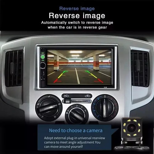 Radio Auto 2 Din con Pantalla Táctil, Bluetooth, Mirror Link y Cámara de Retroceso