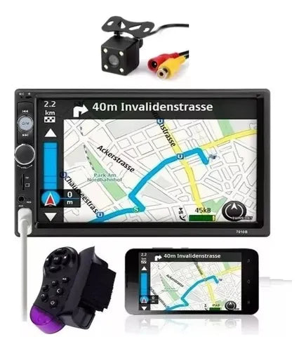 Radio Auto 2 Din con Pantalla Táctil, Bluetooth, Mirror Link y Cámara de Retroceso