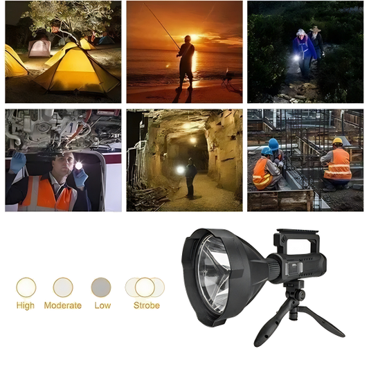 Foco Linterna LED de Largo Alcance – 600 Metros | Luz Blanca Fría H70 | Recargable con Trípode Incluido