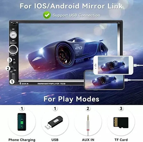 Radio Auto 2 Din con Pantalla Táctil, Bluetooth, Mirror Link y Cámara de Retroceso
